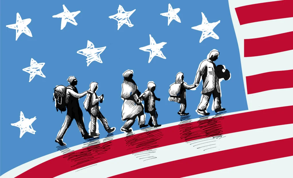illustration of immigrants walking with american flag in background
