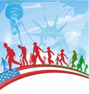 Illustration of diverse people walking with the Statue of Liberty in the background, symbolizing migration and diplomacy, highlighting the difference between an embassy and a consulate